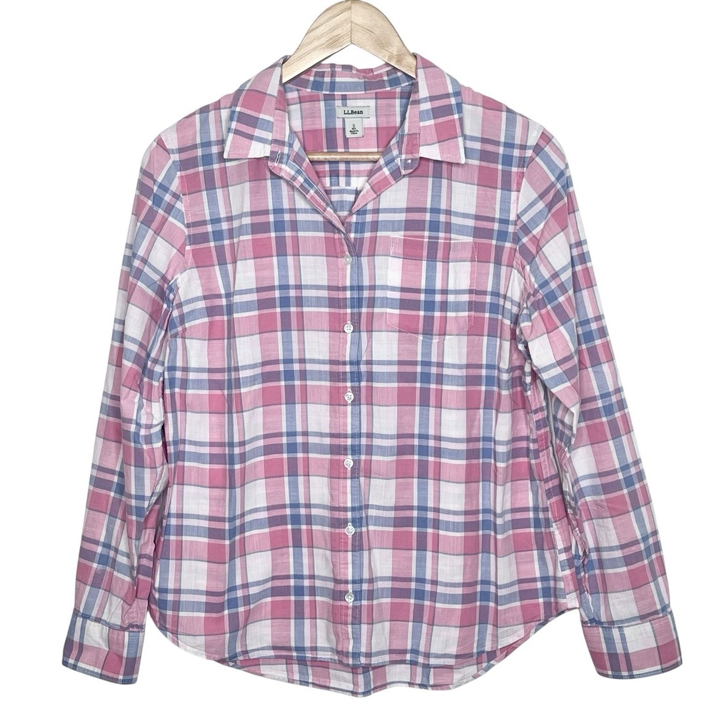 LL Bean Plaid Button Up Shirt Pink Blue Womens Small Cotton Fisherman Preppy